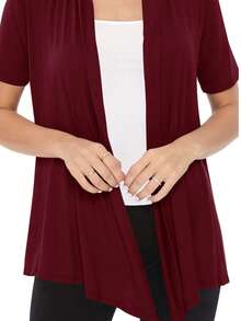 Casual Solid Short Sleeve Open Front Draped Cardigan For Office & Everyday Wear - 酒紅色 - 查看 5