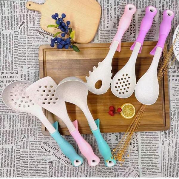 6pcs/Set Kitchen Utensils, Made Of Wheat Straw Material, Heat-Resistant Silicone Non-Slip Handle With Stand And Hanging Hook, High-Quality Durable Design, Free Replacement For Damage