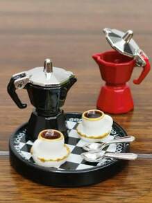 1pc/5pcs/6pcs 1:12 Scale Dollhouse Mini Coffee Maker Set, Realistic Metal-Tone Coffee Pot Model With Resin Coffee Cup/Saucer, Metal Spoon, Kitchen Accessories For Toy House, Party Decor, Interesting Lifelike Playset!
