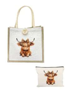 Bolsa tote estampada com tema de vaca das Terras Altas, leve uma bolsa de maquiagem com a mesma cor, portátil, reutilizável, leve, bolsa de mão, bolsa de ombro de linho, bolsa de armazenamento, porta-moedas, bolsa de mão, bolsa de viagem essencial, bolsa de grande capacidade, sacola de compras estampada, adequada para escola, universidade, trabalho, negócios, deslocamento diário, atividades ao ar livre, viagens, feriados, presentes para professores, família, amigos, presente de Dia das Mães, compra obrigatória em 6 de junho
