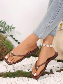 French Style Flip Flops For Women, New Sweet Fairy Casual Versatile Sandals, Beach Vacation Non-Slip Soft Bottom, Suitable For Dates, Gatherings, Parties, Everyday Casual - Brown - View 2