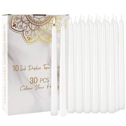 30pcs 10-Inch White Pole Wax Candle, Drip Free, Smoke Free, Fragrance Free, Family Dinner Candle, Hand Poured, High Quality, Perfect For Families, Weddings, Parties, Home Decorations, Christmas, Halloween, Easter And Other Events And Holidays
