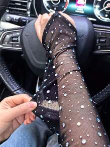 1 Pair Women's Rhinestone Decor Sheer Mesh Fingerless Gloves, Fashionable For Music Festival, Stage Performance, Sexy, Suitable For Driving, Sun Protection, Wedding, Elegant, Mature, Cosplay, Holiday Party, All Seasons