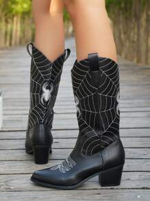 New 2025 Fashion Pointed Toe Block Heel Spider Embroidery Plus Size Slip-On Knee High Cowgirl Boots For Women