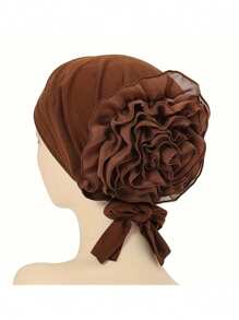 2 piezas Sombreros de turbante de poliéster de moda para mujer, gorros con pañuelo floral elástico y diseño de flor grande, cofia hijab de punto transpirable para ocasiones festivas