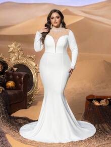 Faeriesty 奢华加大码长袖鱼尾婚纱，搭配串珠幻彩领口 - 优雅蕾丝细节，结构紧身胸衣，戏剧性的大教堂拖裙，适合教堂仪式、正式庆典、晚会、新娘肖像、红毯活动、新娘