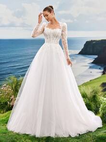 Elasola 奢华珠饰蕾丝长袖薄纱婚纱，带拖尾，浪漫优雅公主风婚纱，适合酒店、城堡、海滩、草坪婚礼。 - 白色 - 查看 4