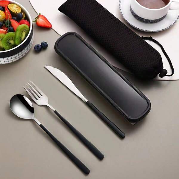 4 pièces Set de couverts portable en acier inoxydable, style coréen fourche cuillère couteau, couverts pour étudiants pour l'extérieur, cadeaux, fournitures scolaires