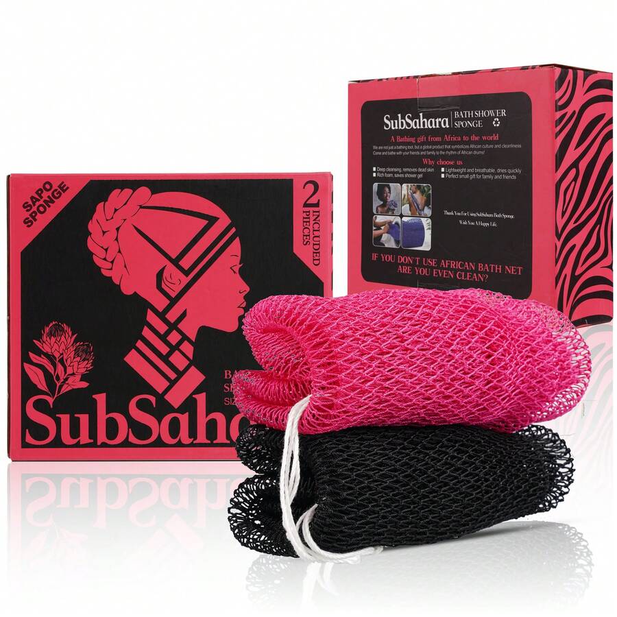 2 piezas de Esponja de red africana auténtica de África subsahariana - Exfoliante para todo tipo de piel, esponja de baño para rostro y Body, portátil para viajes, duradera, exfoliación suave - Negro y rosa - Ver 1