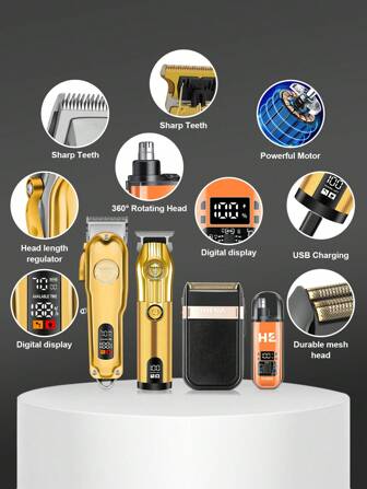 HINEA Set profesional de 4 piezas recortadora de cabello HIENA con recortadora de cabello inalámbrica con LED, recortadora de tallado en forma de T, afeitadora, recortadora eléctrica de pelos de la nariz, suave y ligera de usar, adecuada para familias, padres y amantes como el regalo talla grande pensado, batería de litio de alta potencia de 2000mAh