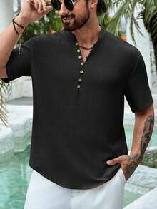 Camisa de hombre de manga corta tipo henley, cuello en V profundo de verano, de algodón y lino transpirable de unicolor en estilo retro, versátil para uso casual, vacaciones y uso diario - Negro - Ver 5
