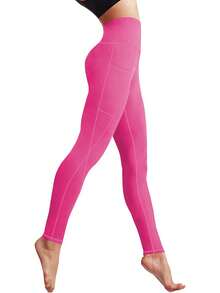 Plus Size Women Bright Pink High Waist Pocket Leggings, Suitable For Daily, Fitness, Yoga, Cycling, All Season - Pink - View 5