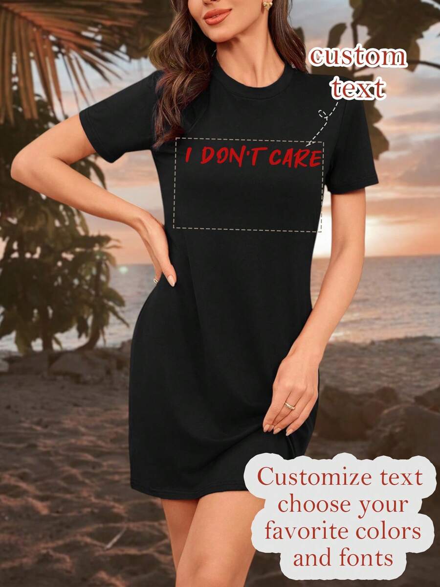 Women's Dress, Add Text, Choose Your Favorite Color And Font, Design Your Own Exclusive Printed Dress, Women's Top, Bodycon Sports - Black - View 1
