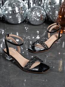 Women's Crystal Heel Glass Rhinestone Champagne Color Plus Size High Heel Sandals