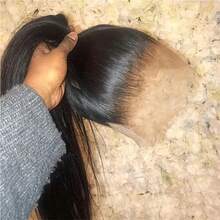 Peluca frontal de encaje completo de cabello humano liso con densidad del 200%, precortada con pelito suave, color natural, versátil para coletas y moños - Natural Black - Ver 4