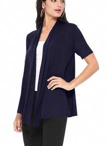 Casual Solid Short Sleeve Open Front Draped Cardigan For Office & Everyday Wear - Navy Blue - View 2
