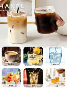 1pc/4pcs Vertical Stripe Glass Cup, Straight Stripe Glass Cup, Straight Design Glass Cup, Creative Glass Cup, Vertical Cold Drink Cup, Simple Beverage Cup, Retro Stripe Cup, Ribbed Transparent Coffee Cup, High Borosilicate Transparent Glass Cup - Multicolor - View 7