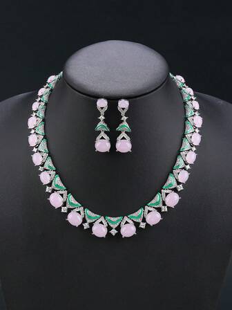 1 套 3 件奢华方晶锆石珠宝项链和耳环套装，时尚个性化项链搭配晚礼服配饰，情人节礼物