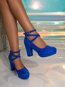 Modne damskie szpilki na platformie z grubym dnem i zamkniętymi palcami, niebieskie, jesień/zima 2025, odpowiednie na każdą porę roku, eleganckie