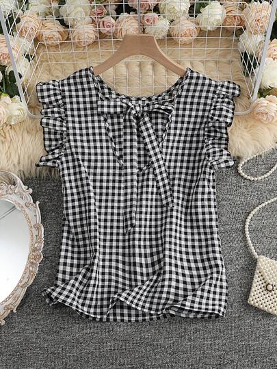 Maiou de vară în carouri alb-negru cu nod la spate