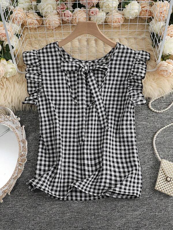 Summer Black And White Checkered Tie Back Tank Top