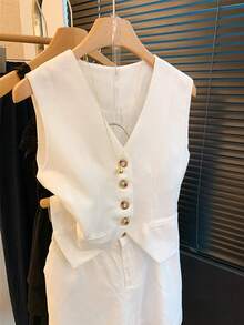 女士春夏休闲度假亚麻无袖西装外套和短裤两件套