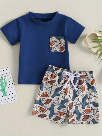 Set de 2 piezas para niños pequeños: Camiseta de bolsillo estilo vaquero occidental + Pantalones cortos, para verano