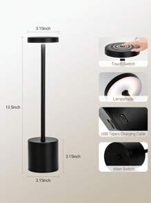 1 buc. Lampă de masă LED portabilă din metal cu senzor tactil, reglabilă în 3 culori, reîncărcabilă, potrivită pentru noptieră, camping, interior, exterior, terasă, sufragerie