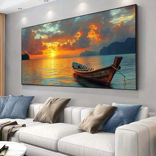 1 pezzo Quadro su tela con scena di tramonto sereno con barca da pesca, decorazione murale moderna senza cornice per soggiorno e camera da letto, cartellone con vista vibrante sull'oceano, decorazione casa costiera