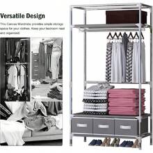 Portable Canvas Wardrobe, With 3 Drawers, Portable Wardrobe, Grey - Beige - View 10