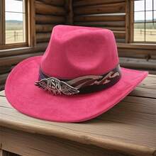 Women Men Cowgirl Hat Letter Wings Sign Wide Brim Western Hats For Wedding Rave Party Travel Accessories - Hot Pink - View 3
