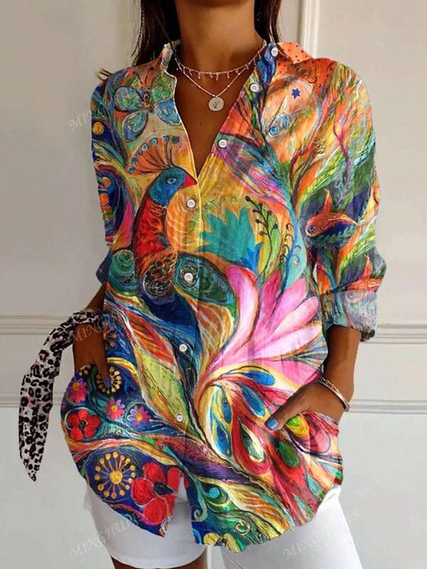 Plus Size Elegant Vintage Floral Print Long Sleeve Shirt, Women's Tops With Lapel And Buttons For Spring Summer