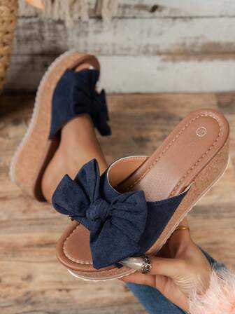 Women's Casual Wedge Sandals With Bow Accent - Lightweight Cork Wrap Design, Slip-On EVA Comfort Soles For Daily Walking, Vacation, And Summer Outings