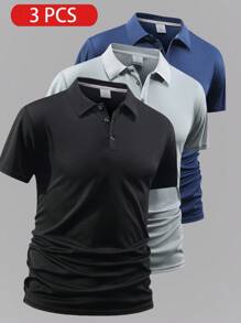 3pcs Boyfriend Style Men's Lightweight Breathable Running Fitness Casual Solid Color Short Sleeve Polo T-Shirts, Summer