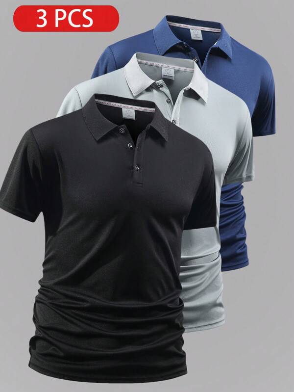 3 stuks Boyfriend Style Heren Lichtgewicht Ademend Hardlopen Fitness Casual Effen Kleur Korte Mouw Polo T-shirts, Zomer