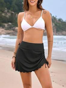 Women Solid Color Swim Skirt High Waist Drawstring Scallop Trim Mini Skirt Casual Swimsuit Bottoms For Beach Pool - Black - View 1