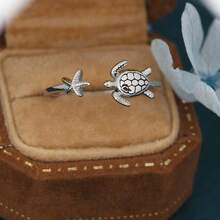 خاتم قابل للتعديل بشكل سلحفاة ونجمة البحر ، مجوهرات تصميم المحيط ، مناسب للعطلات (بدون علبة)