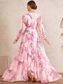 Flower Print Wrap Dress With Belt - Watermelon Pink - View 2