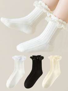 1 Pair/3 Pairs Girls Lace Trim Breathable Solid Mesh Mid-Calf Socks, Princess Style, Suitable For Summer