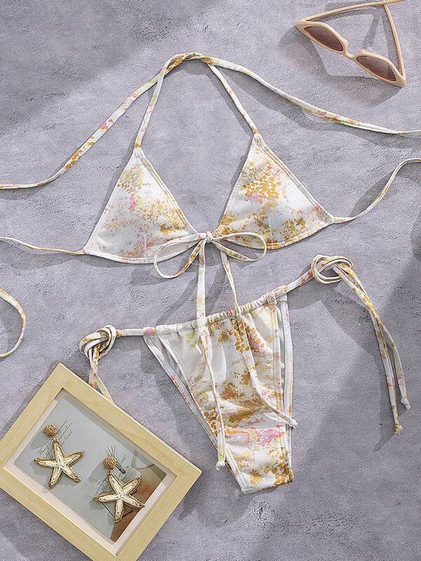 Sexy Split-Bikini-Badeanzug mit zufälligem Druck, Sommer Strandurlaub