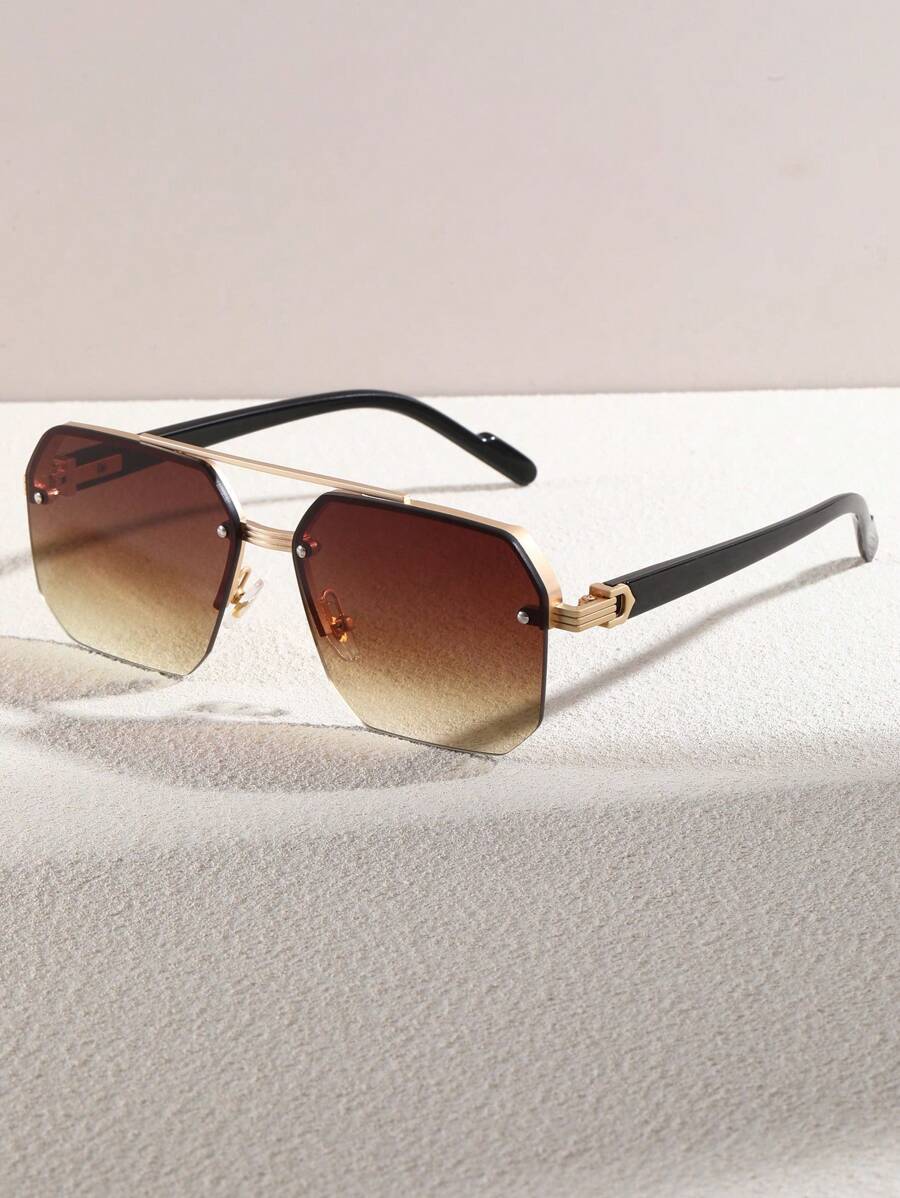 1 Pair Men's Metal Geometric Semi-Rimless Dual-Bridge Casual Fashion Glasses For Vacation And Leisure For Summer Beach Vacation,Outdoor,Travel