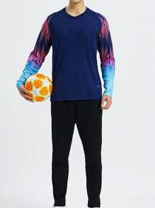 2pcs/Set Goalkeeper Uniform, Long Sleeve T-Shirt With Foam Chest Protector & Elbow Pads, Non-Slip Plastic Strips, Breathable Quick-Dry Striped Tee + Protective Elastic Waist Pants, Suitable For Training & Match