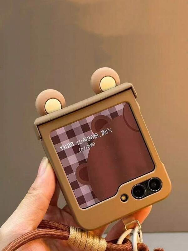 Uitable For SamsungGalaxy Folding Mobile Phone Case Cute Bear Protective Case Suitable For Galaxy Z Flip 6 Mobile Phone Case Hinge Protection Suitable For Z Flip 5/Z Flip 4/Z Flip 3 Hand Rope Anti-Fall Protective Case.