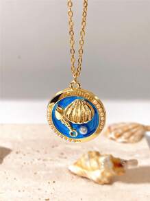 1pc Vintage Luxury Beach Shell & Faux Pearl Oil Drop Pendant Necklace For Women