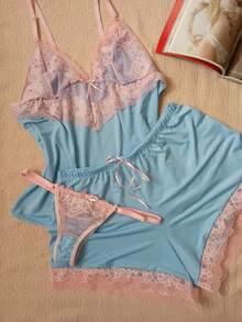 3 PIECE GARTER PAJAMAS Simple Contrast Bow Romantic Elegant Cute Lace Fabric Sleeveless - Màu xanh nhạt - Xem 2