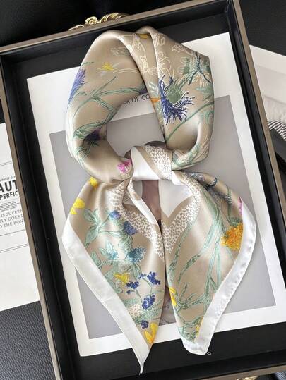 1pc Women Bandana 70cm Square Faux Silk Scarf, Printed Neck Scarf For Work & Casual, Versatile For Dress