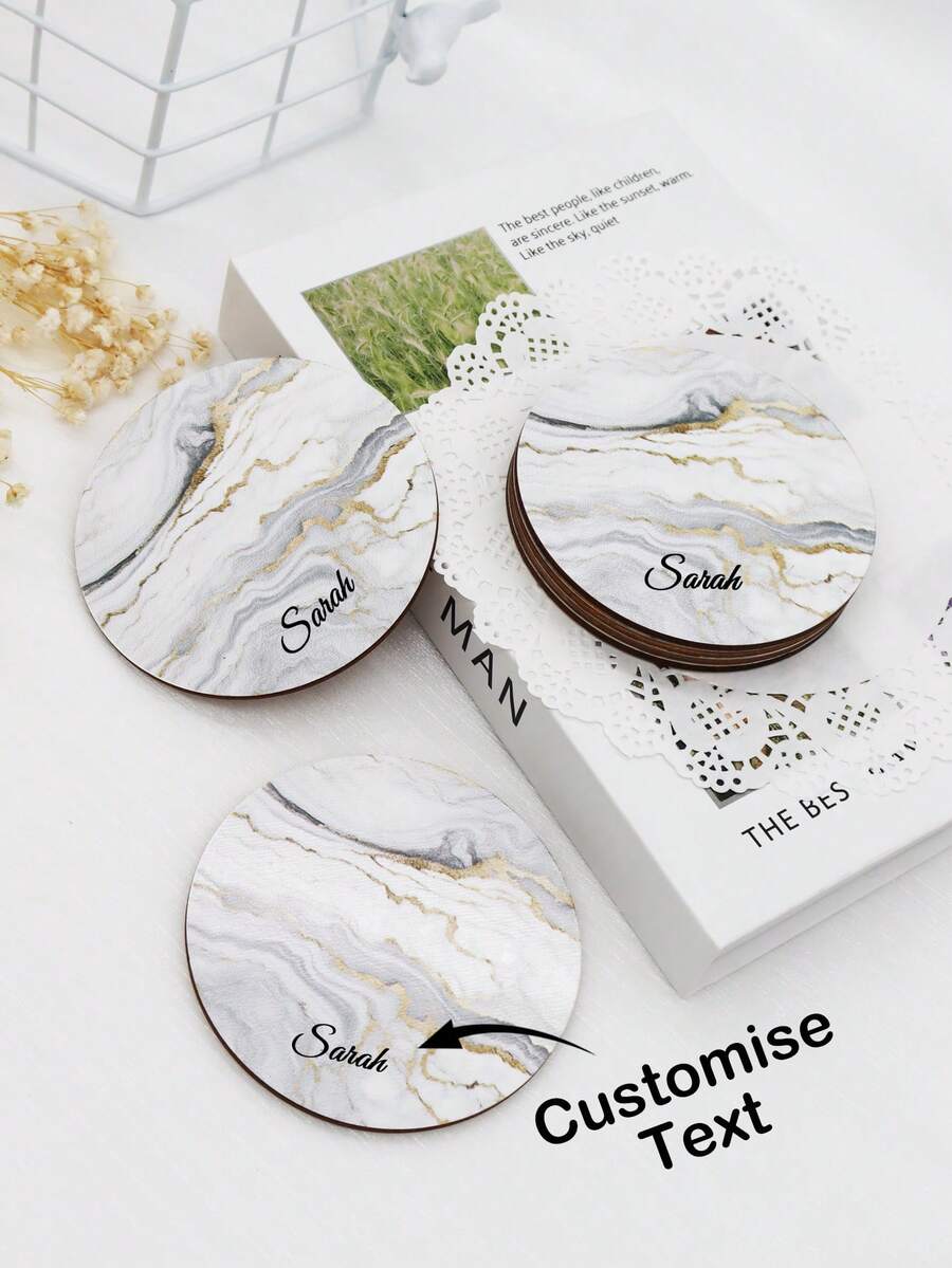 6pcs Customized Text Faux Marble Wooden Coasters/Pot Holders, Heat Insulation For Home Use