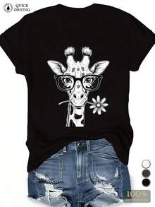 Camiseta con gráfico de jirafa negra de moda para mujer: algodón suave de 180 g, elegante camiseta de manga corta con cuello redondo, top casual con lindo estampado animal, gafas hipster divertidas y diseño de flores, blusa de verano de moda cómoda y holgada para damas - Negro - Ver 1