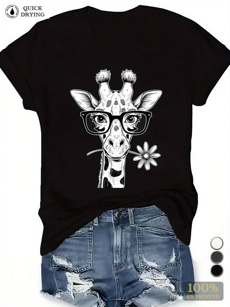 Camiseta con gráfico de jirafa negra de moda para mujer: algodón suave de 180 g, elegante camiseta de manga corta con cuello redondo, top casual con lindo estampado animal, gafas hipster divertidas y diseño de flores, blusa de verano de moda cómoda y holgada para damas - Negro - Ver 1