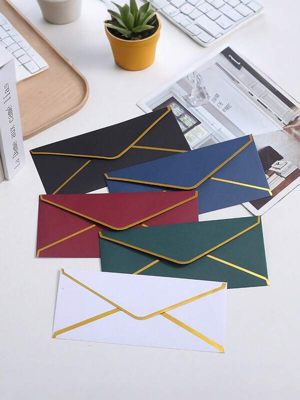 5pcs Colorful Envelopes With Golden Borders, V-Shaped Adhesive, Creative High-End European Business Envelopes, Thick Paper, Suitable For Holidays And Back To School, Gift Giving